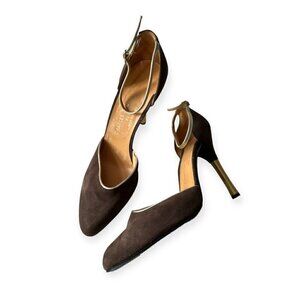 Charles Jourdan Brown Suede Ankle Strap Pumps With‎  Gold Metal Heel, Size 8 1/2